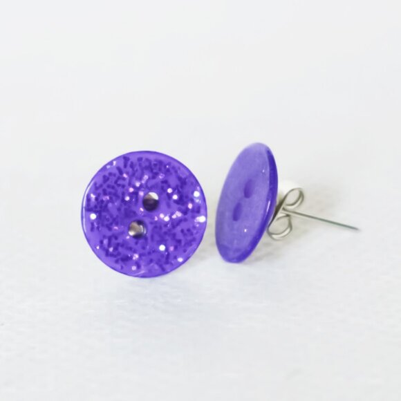 Mismatched Purple Glitter Button Stud Earrings - Picture 1 of 7